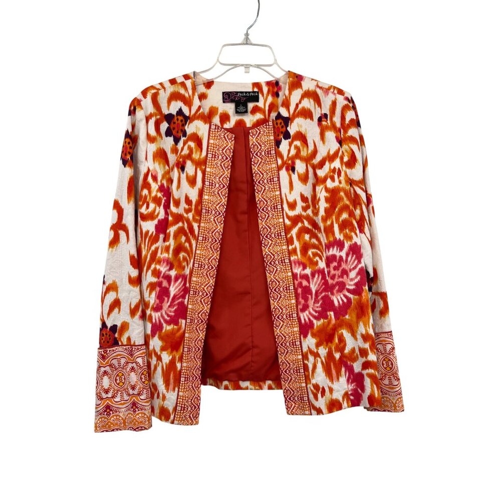 Peck & Peck Printed Cotton Blazer L Used Orange Purple Lined Ikat